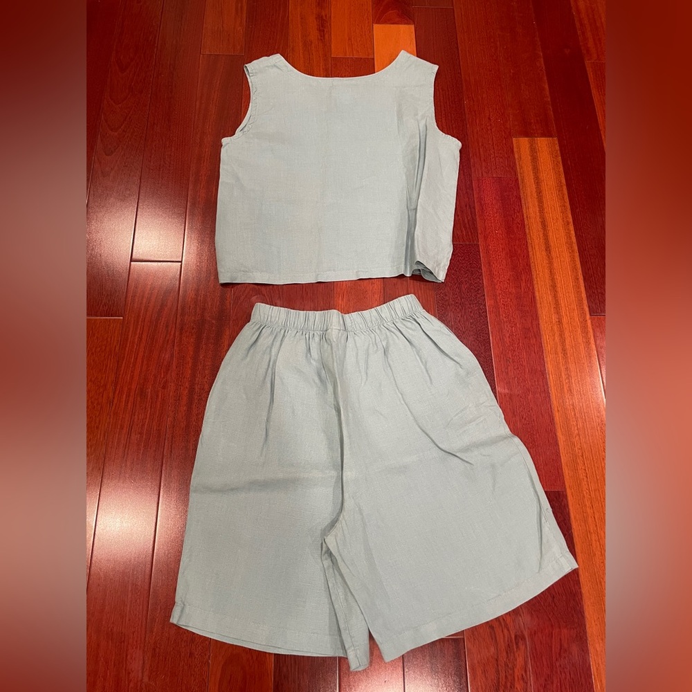 Eileen Fisher Vintage Light Teal Linen Button Vest & Shorts outfit or separates. - Picture 2 of 13